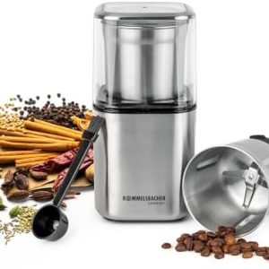 ROMMELSBACHER Gewürz und Kaffee Mühle EGK 200 - 2 Edelstahlbehälter mit Schlagmesser & Spezialmesser, Füllmenge 70 g, Mahlgrad über Mahldauer wählbar, auch für Pesto, Gewürze, Nüsse, Zucker, 200 Watt