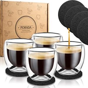 Porada 4 doppelwandige Espressogläser Set 80ml 4 extra Untersetzer Dessertgläser doppelwandige Gläser Espresso Tassen Set Thermogläser , Geschenkset türkische Teeglas