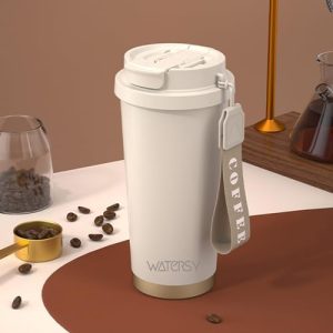 WATERSY Kaffeebecher to go, 530ml Flip Straw Thermobecher Edelsthal mit Strohhalm, Doppelwand Isoliert Travel Mug mit Deckel Auslaufsicher, Weiß