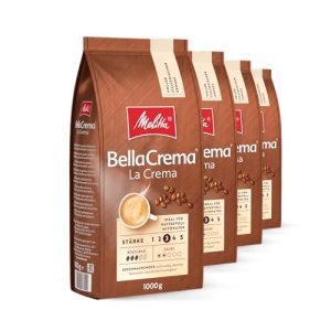 Melitta BellaCrema La Crema Ganze Kaffee-Bohnen 4 x 1kg, ungemahlen, Kaffeebohnen für Kaffee-Vollautomat, mittlere Röstung, geröstet in Deutschland, Stärke 3, im Tray