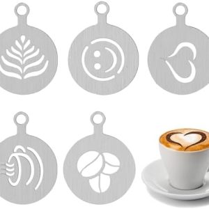 5 Stück Edelstahl Kaffeeschablonen Cappuccino Barista Schablonen Kakao Dekorations Schablone Kaffeezubehör DIY Kunst Vorlagen Kaffee Cappuccino