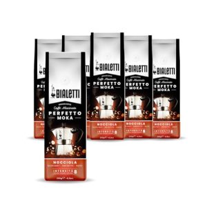 Bialetti - Perfetto Moka Nocciola: Gemahlener Kaffee mit mittlerer Röstung, Haselnuss-Aroma, 250g x 6, Beutel mit Aromaschutzventil