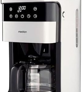 MEDION Kaffeemaschine mit Mahlwerk und Glaskanne (1,5 Liter, max. 12 Tassen, 8 Mahlstufen, max. 1050 Watt, 24 Stunden Timer, LED Display, Tropfstopp, Permanentfilter, MD19899)