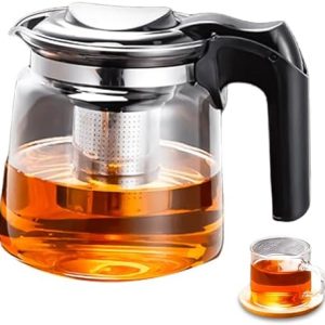 Premium Teekanne Glas, Hitzebeständig Glaskanne mit Deckel 1,5 Liter, Teekanne aus Glas mit Siebaufsatz, Teapot Tea Maker mit Edelstahl Filter Sieb Ideal zur Zubereitung von Losen Tees