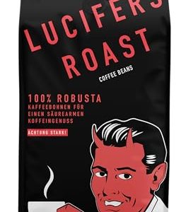 LUCIFERS ROAST 500g Kaffeebohnen by KIQO aus Italien - sehr starker dark roast Espresso - säurearm - für Kaffeevollautomaten oder Siebträger - 100% Robusta (500g, ganze Bohne)