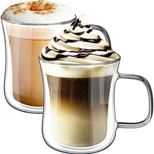 KAMEUN Latte Macchiato Gläser Doppelwandige, 2er Set 350ml Doppelwandige Gläser aus Borosilikatglas mit Henkel, Kaffeegläser Teegläser Thermogläser Doppelglas Cappuccino Gläser