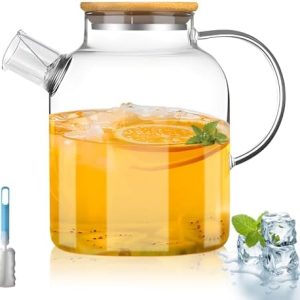 XURISEN Teekanne mit Siebeinsatz, 1,8L Teekanne Glas mit Abnehmbarer Filter, Holzdeckel Hitzebeständige Hochborosilikat-Teekanne Sieb ideal für Tee, Blumentee und Saft