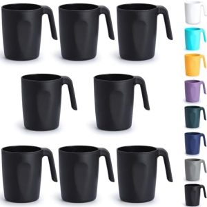 Berglander Schwarze Plastik Kaffeetassen Set 8er 450ml, Kunststoff Kaffeebecher mit Griffen mehrweg, Wasserbecher, leicht zu tragen, ideal für Zuhause, Garten, Picknick, Camping