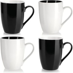 com-four® 4x Kaffeetassen aus Keramik - Kaffee-Becher in modernem Design - Kaffeepott für Kalt- und Heißgetränke - schwarz-weiße Henkeltasse - Trinkbecher 300 ml (04 Stück - weiß/schwarz)