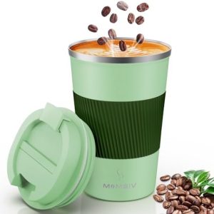 Thermobecher Isolierbecher, MOMSIV 13oz/380ml Rutschfest Edelstahl Travel Mug, Kaffeebecher aus Doppelwandig isoliert Vakuum auslaufsicher Reisebecher mit Deckel Kaffee-to-go Becher, Grün