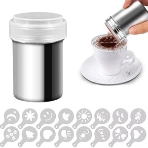 Powder Sugar Shaker, 1 Stücke Kaffeeschablone, Kakao Streuer 16 Stücke Kaffee Schablonen für Heiße Schokolade Brotdekoration