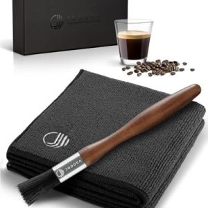 JODORA Barista Tuch + Barista Pinsel Reinigungsset - Siebträger Zubehör - 2 Barista Handtücher extrem saugstark 30x30cm für Siebträgermaschine & Dampfwalze - Kaffee Pinsel (Schwarz)