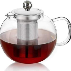 Teekanne Glas Runde1300ml, Glasteekannen mit 304 Edelstahl Siebaufsatz, Hitzebeständiges Glass Teapot Ideal zur Tees und Kaffee für Mikrowellengeeignet und Spülmaschinenfest