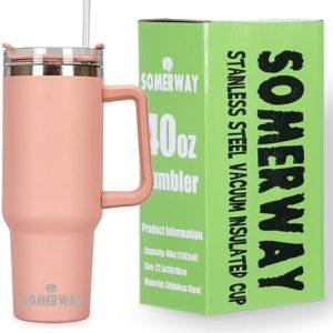 Somerway 1182ml 40oz Kaffeebecher to Go, Doppelwandiger Edelstahl Vakuum Isolierbecher mit Griff und Stroh, Tragbare Autobecher Becher Tumbler Thermobecher Kaffeetasse für Heißer und Kalter Getränke