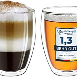 Creano doppelwandige Cappuccinotassen 250ml „DG-Hoch“, 2er Set, großes Thermoglas doppelwandig aus Borosilikatglas, Kaffee, Tee, Latte Gläser, Doppelwandgläser