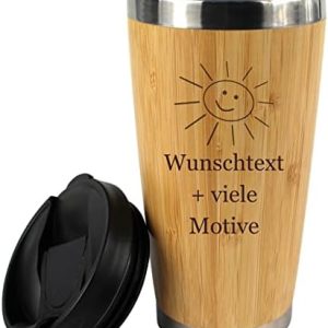 Kaffeebecher mit Namen + Motiv Gravur in Holz Optik, Isolierbecher groß 0,4 L für Coffee to go, Kaffee Edelstahlbecher mit Deckel zum Mitnehmen, personalisiertes Geschenk