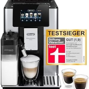 De'Longhi PrimaDonna Soul Perfetto ECAM 612.55.SB Kaffeevollautomat mit LatteCrema Milchsystem und Bean Adapt Technologie, 18 Rezepte, mit Farbdisplay- App-Steuerung, Silber/Schwarz