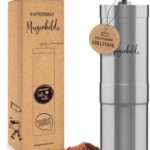 Morgenheld Kaffeemühle manuell mit stufenlosem Keramikmahlwerk - Kaffeemühle Kegelmahlwerk aus rostfreiem Edelstahl, Handkaffeemühle für alle Kaffee-Zubereitungsarten