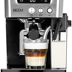 BEEM ESPRESSO-LATTE Siebträgermaschine -15 bar | Kaffeespezialitäten – wie vom Barista | Mit 0,4 L Milch- & 1,4 L Wassertank | Milchschaumkonsistenz individuell wählbar [Schwarz-Silber]