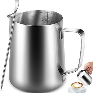 Anpro Milchkännchen, Milk Pitcher 350ml 12 fl.oz. Milchkanne aus Edelstahl, Milch Aufschäumen für Cappuccino und Latté, Silber (9 × 7.5CM)