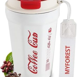 MYFOREST 400ml Reise-Kaffeebecher, isolierter Becher mit Deckel/tragbarem Riemen/Doppelschicht-Vakuum/auslaufsicher/Halt 6 Stunden heiß/100% spülmaschinenfest (400ml White)