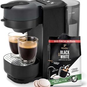 Tchibo Kaffeepadmaschine „CALL ME PAD“ inkl. 36 Black & White Pads, mit To-Go Becher Taste, für 2 Tassen, schnell und leise, automatische Abschaltfunktion, Graphite