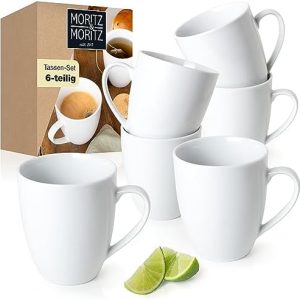 Moritz & Moritz BASIC Kaffeetassen Set 6-teilig – ca. 350ml aus hochwertigem Porzellan in klassischem Weiß – Stilvolles Design mit Henkel – Perfekt für Kaffee, Tee, heiße Schokolade, Cappuccino