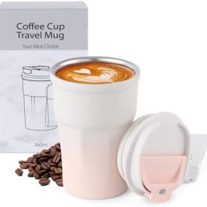 PRAOAHEI Thermobecher 360ML Kaffeebecher to Go Auslaufsicher mit Deckel, Doppelwandiger Edelstahl 12oz Becher für Unterwegs Travel Mug für Auto Zuhause Reisen, Hält Lange Warm Rosa Weiß