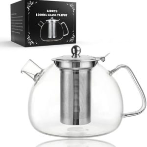 LIBWYS Teekanne 1500ml aus Hitzebeständigem Borosilikatglas Glas mit Abnehmbarem Siebeinsatz, Einfache Reinigung, Geeignet zum Aufbrühen von Tee, Blumentee, Kräutertee und Teebeuteln