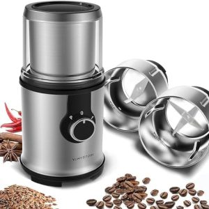 Kaffeemühle Elektrisch, Gewürzmühle mit 2 Abnehmbaren Edelstahlschüsseln, mit Spritzschutzabdeckung und Bürste, Kaffeebohnenmühle mit 110 g Fassungsvermögen, trocken und nass für Maiskörner, Kräuter