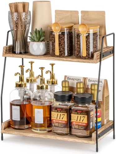 ANBOXIT Kaffee Organizer, Kaffeebar Zubehör Organizer Holz, Kaffee Aufbewahrung für Kaffeestation, Arbeitsplatten Gewürzregal für Küche, 2-stöckige Kaffee Caddy für Küche, Zuhause, Büro - Braun