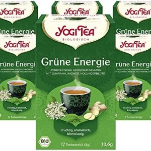 YOGI TEA, Grüne Energie, Ayurvedischer Bio Gewürz- und Kräutertee, Mischung aus Grünem Tee, Guarana, Ingwer und Holunderblüten, Yogi Tee 6er Pack, 6x17 Beutel (102 Teebeutel insgesamt)