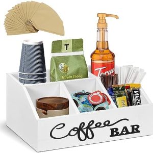 LADESIGGN Kaffee-Bar-Zubehör-Organizer aus Holz für Arbeitsplatte, Kaffeestation Organizer für Kaffeekapseln, Bauernhaus-Kaffeetassenhalter und Aufbewahrungsbox, großer Platz für Kaffeezubehör, Weiß