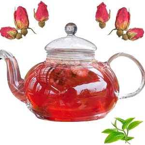 Gohytal Teekanne Stövchen, 1L Teekanne aus Glas mit Siebeinsatz, Glass Teapot zur Zubereitung von Losen Tees Durchsichtige Teekanne mit Sieb-Hitzebeständig aus Borosilikatgla für Kalte/Heiße Getränke