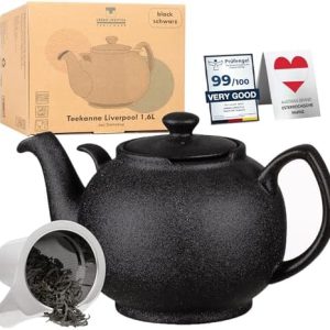 Teekanne mit Siebeinsatz Liverpool Schwarz 1,6 L Teekanne mit Edelstahl Sieb aus Keramik von URBAN LIFESTYLE, Teekanne die tropffrei ist. Teekanne Keramik mit Siebeinsatz Teapot Teekanne