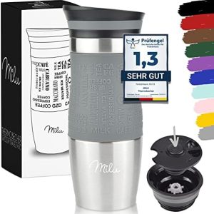 Milu Thermobecher 370ml 450ml Isolierbecher Kaffeebecher to go - 100% Auslaufsicher - Trinkbecher aus Edelstahl - Autobecher doppelwand Isolierung - Thermo Becher - Travel Mug (Grau, 370ml)