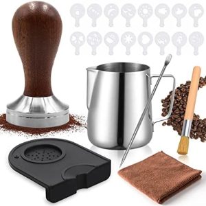 IGUGI Kaffee Tamper Set 51mm,Espresso 22pcs,- aus Edelstahl Enthält Kaffeedrücker,Ablage,350ml Milchkännchen,16* Schablonen,Reinigungsbürste,Kaffeemehlpresser