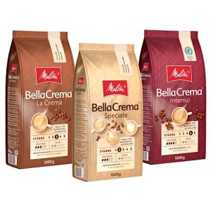 Melitta BellaCrema Probierpaket La Crema Speciale Intenso Ganze Kaffee-Bohnen 3 x 1kg, ungemahlen, Kaffeebohnen für Kaffee-Vollautomat, geröstet in Deutschland