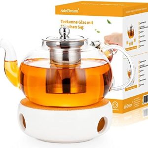 AdelDream Glas Teekanne mit Infuser Teekanne Glas Teekessel mit Herd safe blühende und lose Blatt Tee-Maker-Set 1200ML+Teewärmer