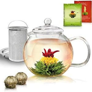 Creano Teekanne aus Glas 1,3l - inklusive 2 Teeblumen - Glasteekanne mit Integriertem Edelstahl-Sieb und Glas-Deckel, tropffrei