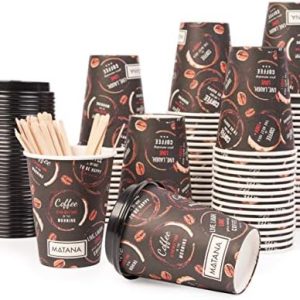 MATANA - 80 Stück Premium Pappbecher 360ml mit Deckel & Holzrührer - Kaffeebecher, Coffee To Go - Stabil & Auslaufsicher