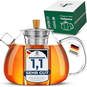 Neighbour's Friend® 1,5 l Teekanne Glas für losen Tee & Teebeutel - Teekanne mit Siebeinsatz groß tropffrei - 3-teiliges Edestahl-Sieb mit Bambusdeckelgriff - Spülmaschinengeeignete Glas Teekanne