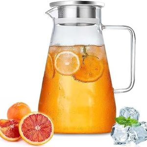 Nutabevrd 2.3 Liter Glaskrug Wasserkaraffe mit Edelstahl Deckel,Griffen, Filter,Heiße und kalte Glas Karaffe, Leicht zu reinigender wasserkrug,für hausgemachte Getränke/Kaffee/Milch/Eistee/Wein/Saft