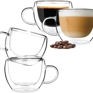 BOQO Kaffeetassen aus Glas, doppelwandig, isoliert, Trinkglas, Kaffeetassen mit Griff, perfekt für Latte, Cappuccinos, Teebeutel, Saft (240 ml Wassergläser *4)