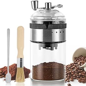 Moongiantgo Kaffeemühle Manuell Kompakt und mühelos, Edelstahl & Glas, 5 Präzisen Stufen Einstellbar Keramischer Konischer Grat, mit Löffel & Pinsel | Machen Sie Jederzeit und überall Frischen Kaffee