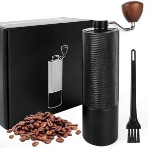 Kaffeemühle Manuell aus Edelstahl Mit Pinsel Präzise Einstellung des Mahlgrades Holzgriff mit Kegelmahlwerk Kaffeemühle Hand Schwarz für Zuhause & Unterwegs