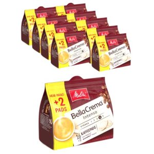 Melitta BellaCrema Intenso gemahlener Röstkaffee in Kaffee-Pads 10 x 16 + 2 Pads, Kaffeepads für Pad-Maschine, kräftige Röstung, geröstet in Deutschland, Stärke 4, im Tray