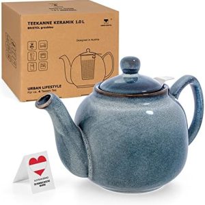 Teekanne "Bristol" mit schattierter Glasur handglasiert (Graublau mit Filter) Teapot Englisch 1 Liter aus Edelkeramik Handglasiert