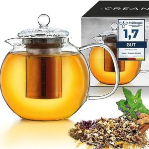 Creano Teekanne aus Glas 1,7l, 3-teilige Glasteekanne mit integriertem Edelstahl Sieb und Glasdeckel, ideal zur Zubereitung von losen Tees, tropffrei, All-in-one