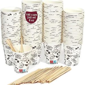 100 Einweg-Kaffeetassen aus weißem Papierkarton, 240 ml / 8oz - Starke und elegante Tassen für heiße oder kalte Getränke, perfekt für Büro und Zuhause. Inklusive Holzrührstäbchen